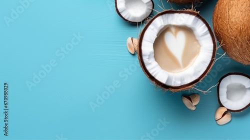 Coconut milk on blue background. Top view with copy space. Coffee Concept With Copy Space