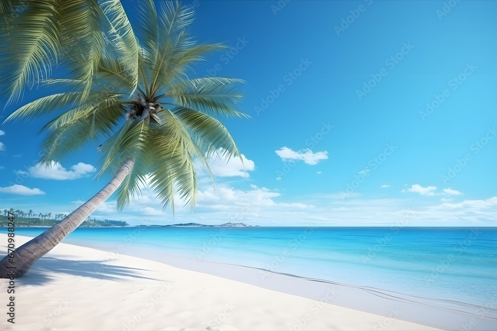 tropical beach view at sunny day with white sand, turquoise water and palm tree. Neural network generated image. Not based on any actual scene or pattern.