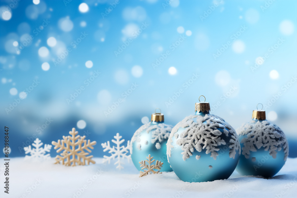 Image of blue Christmas balls and snowflakes on a snowy background. This image can be used as a greeting card or as a background for a holiday related website or advertisement. Image of blue Christmas balls and snowflakes on a snowy background. This image can be used as a greeting card or as a background for a holiday related website or advertisement.