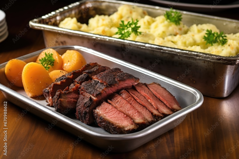 sliced smoked beef brisket on a metal tray with a side of potato salad