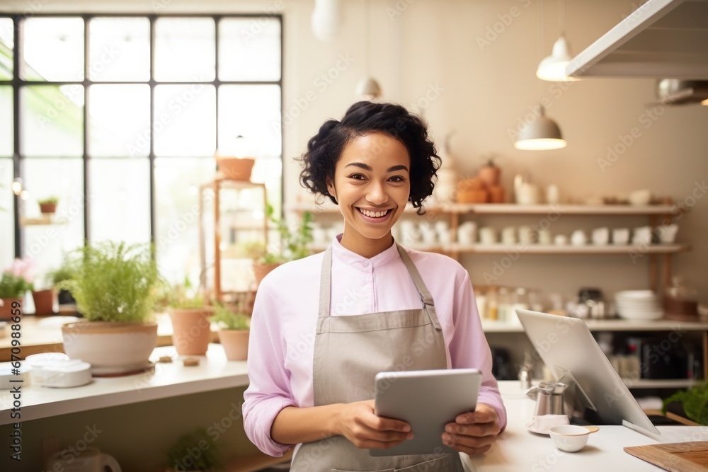 Happy cafe owner running her business on a digital tablet Happy cafe owner running her business on a digital tablet
