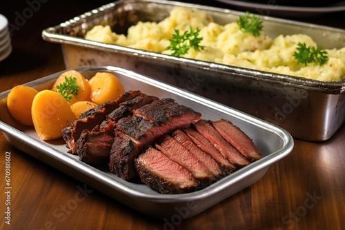 sliced smoked beef brisket on a metal tray with a side of potato salad