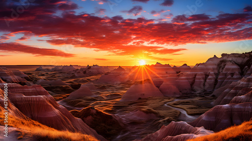 Explore the rugged Badlands terrain with its eroded landscapes, deep canyons, and a tapestry of earthy hues. This highly detailed photograph is a testament to the power of erosion.