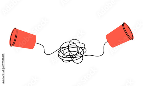 Hand drawn cute cartoon illustration paper cup phone. Flat vector two paper cups with tangled string sticker in colored doodle style. Handmade call device icon. Dispute, misunderstanding. Isolated.