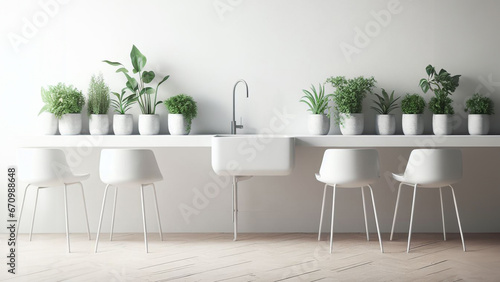 Sink  table and stools in white minimalist style interior design