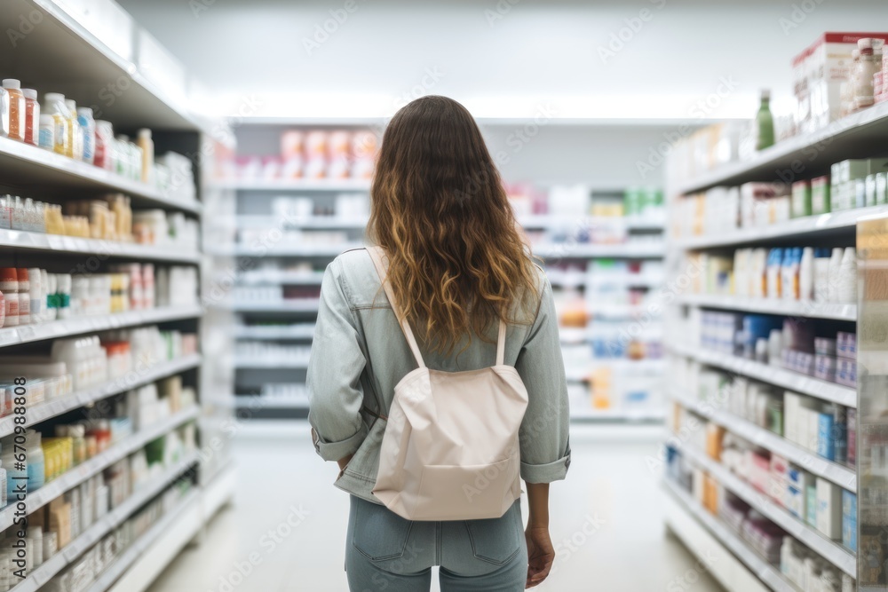 Rear view of young woman with bag standing against shelf in pharmacy Rear view of young woman with bag standing against shelf in pharmacy