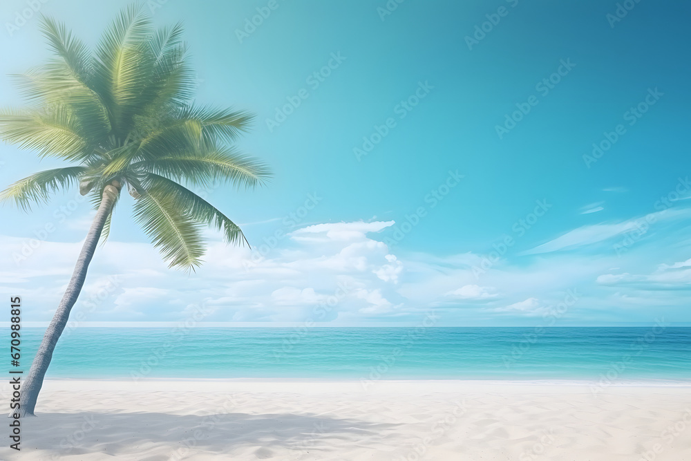 tropical beach view at sunny day with white sand, turquoise water and palm tree. Neural network generated image. Not based on any actual scene or pattern.