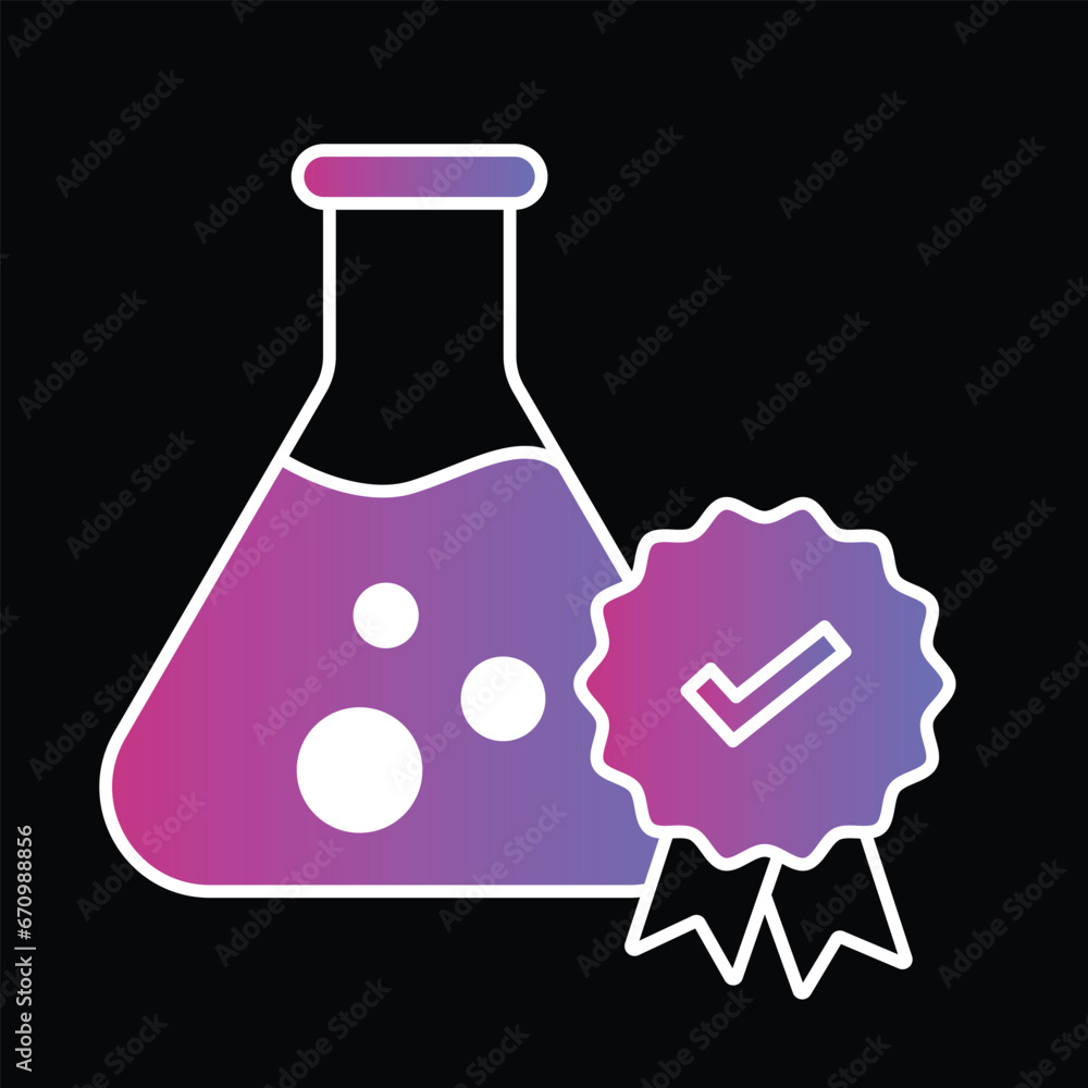 A high quality and tested icon with a beaker and a badge with a tick, representing quality, assurance, and certification. A high quality and tested icon with a beaker and a badge with a tick, representing quality, assurance, and certification.