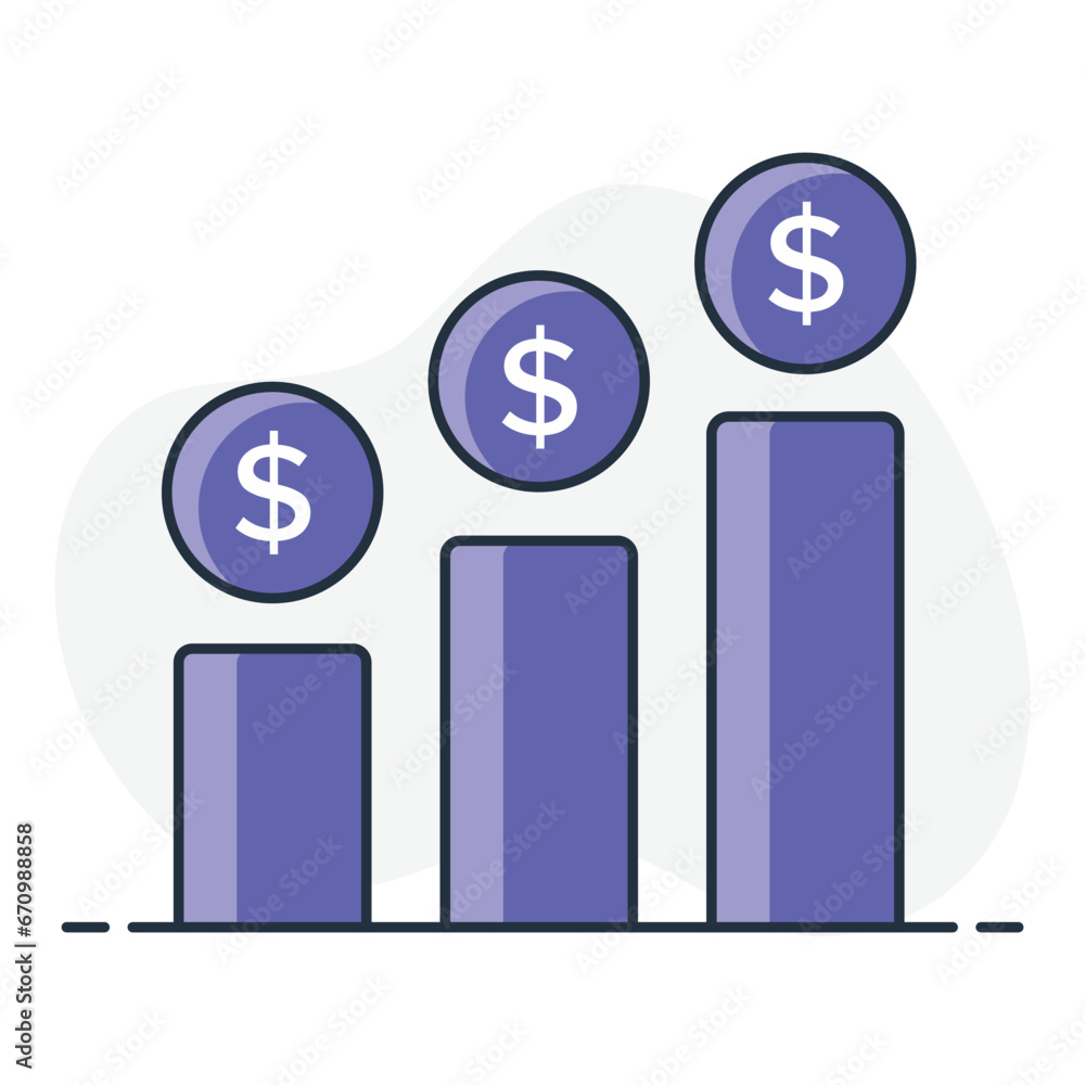 A multi tier savings icon with three bars and a dollar sign above each, representing savings goals, financial planning, and financial goals. A multi tier savings icon with three bars and a dollar sign above each, representing savings goals, financial planning, and financial goals.
