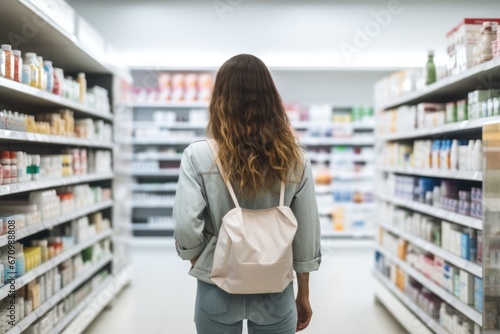 Rear view of young woman with bag standing against shelf in pharmacy