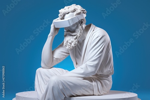 Sculpture thinker with VR glasses over color background photo