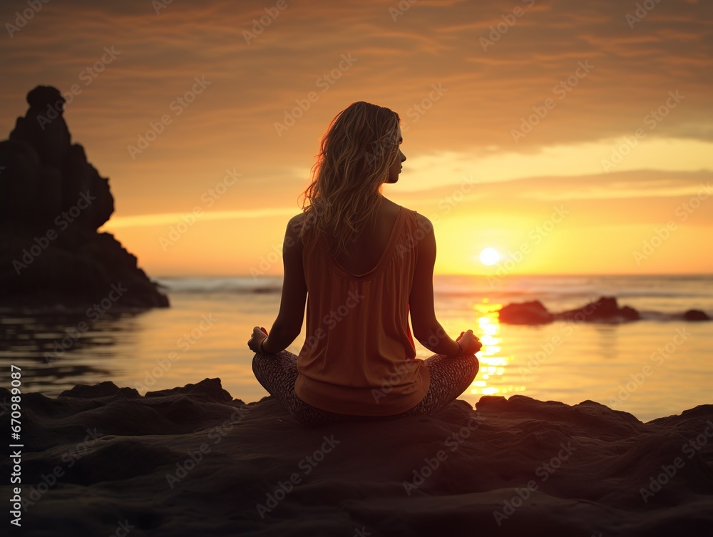 illustration of woman with yoga in the sunset of beach, Generative ai