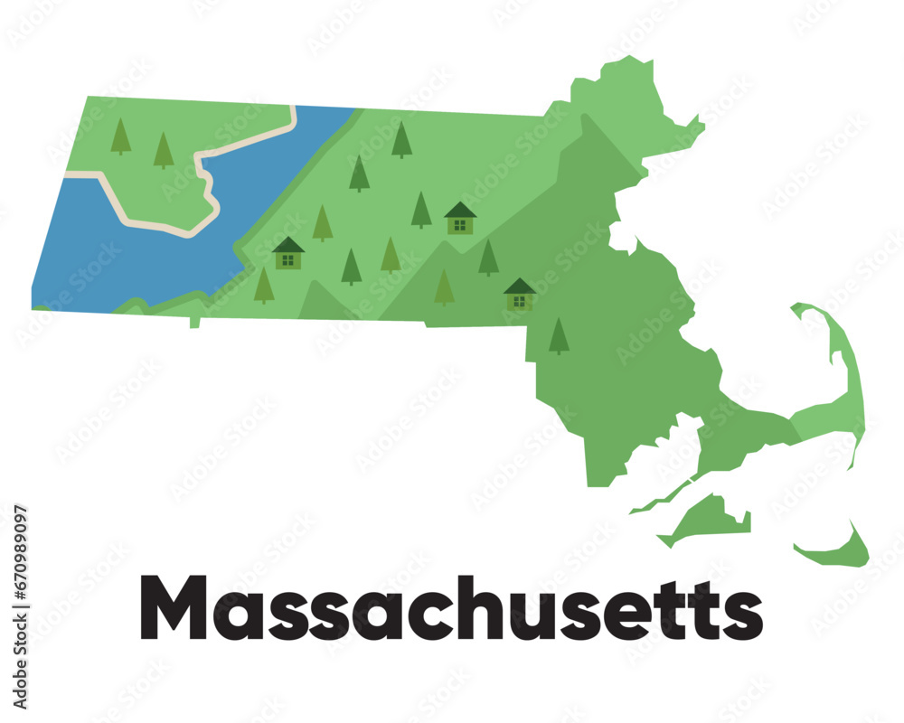 Massachusetts map shape United states America green forest hand drawn cartoon style with trees travel terrain