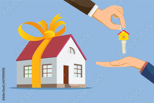 Real estate agent gives house keys to the buyer. Real estate deal. Vector stock illustration
