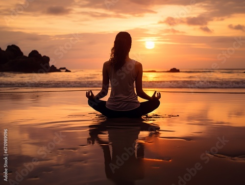 illustration of woman with yoga in the sunset of beach, Generative ai © aniartai