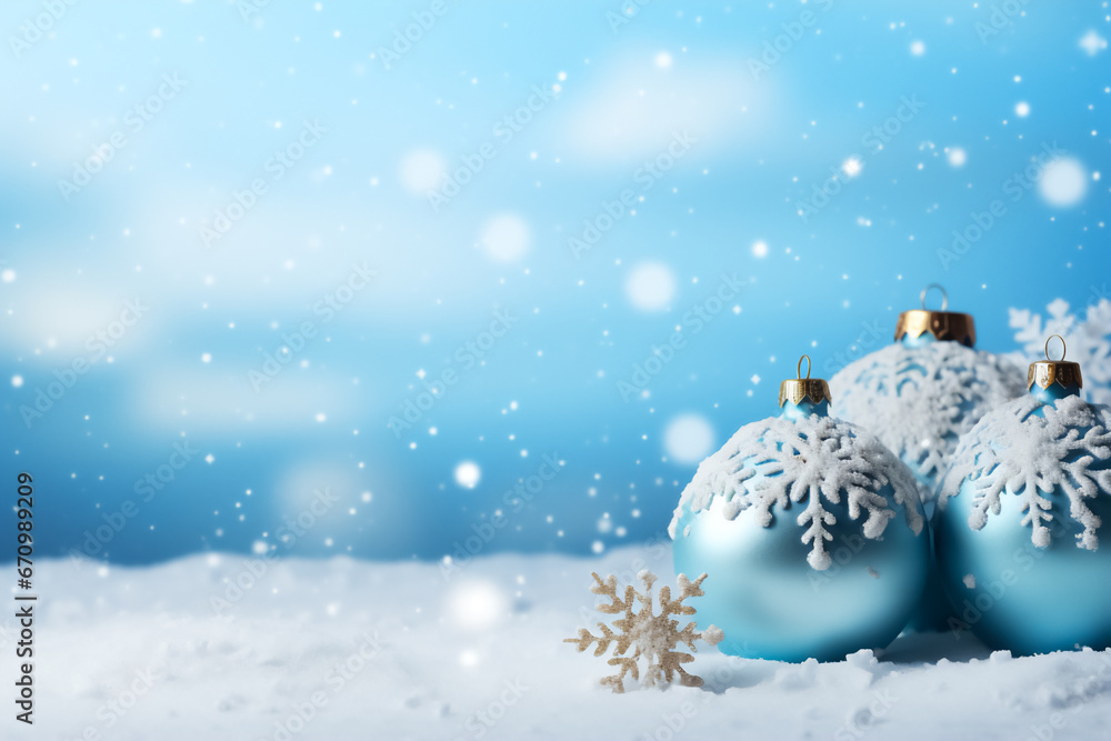 Image of blue Christmas balls and snowflakes on a snowy background. This image can be used as a greeting card or as a background for a holiday related website or advertisement. Image of blue Christmas balls and snowflakes on a snowy background. This image can be used as a greeting card or as a background for a holiday related website or advertisement.