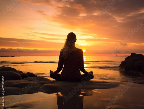 illustration of woman with yoga in the sunset of beach, Generative ai