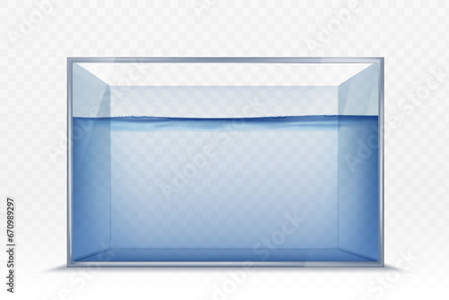 Mockup glass aquarium with water. Template isolated on transparent background. Vector stock illustration
