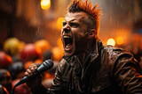 Punk singer with orange Mohican hairstyle, performing at outdoor concerts in the rain