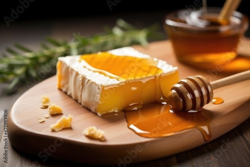 honey-drizzled smoked cheese on wooden board
