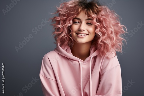 Close-up studio portrait of a beautiful young Caucasian woman. A cheerful girl with a gorgeous hairstyle, a wide charming smile and flawless makeup. Youth and beauty. Isolated on pink background.