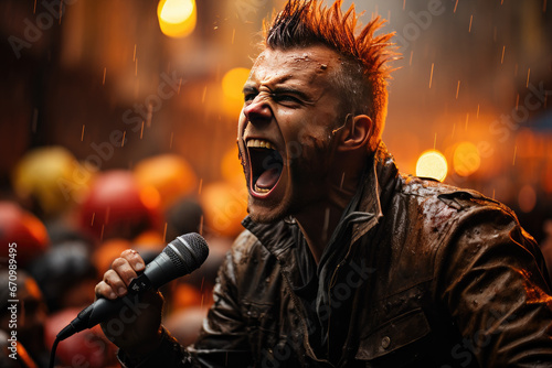 Punk singer with orange Mohican hairstyle, performing at outdoor concerts in the rain