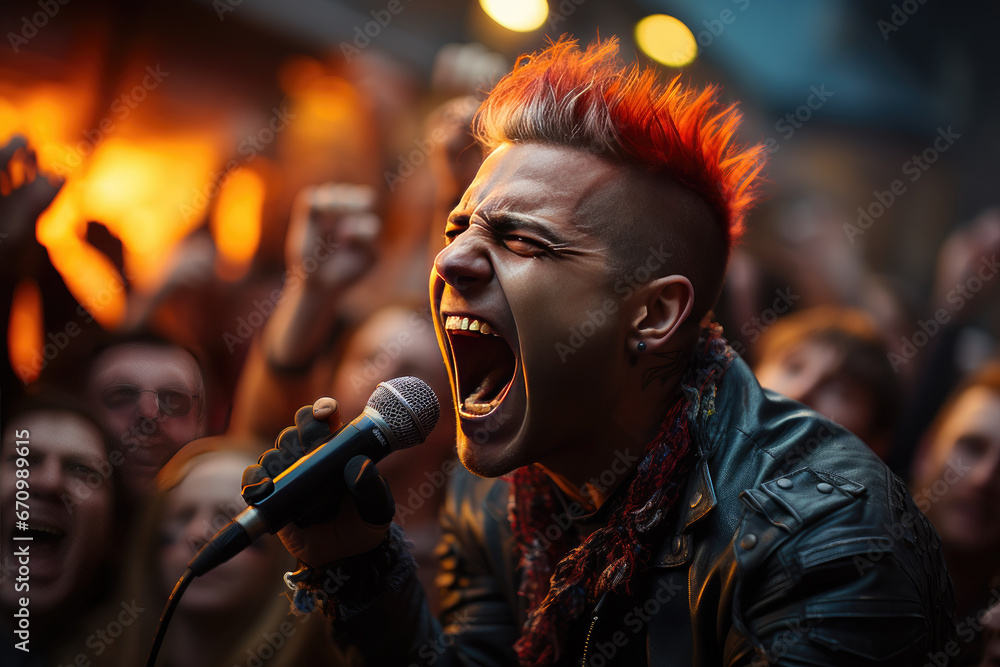Punk singer with orange Mohican hairstyle, performing at outdoor concerts in the rain Punk singer with orange Mohican hairstyle, performing at outdoor concerts in the rain
