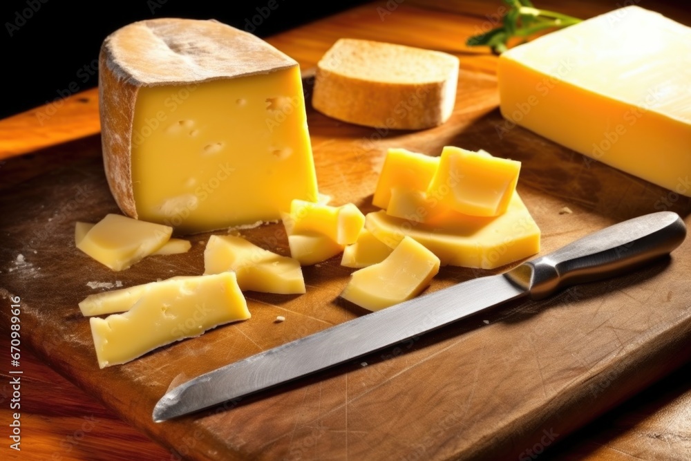 whole smoked cheese and gleaming cheese knife