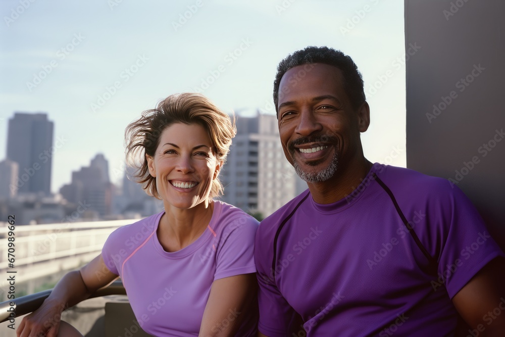 Fototapeta premium Active international middle aged couple, man and woman in sportswear, looking happy while jogging outdoors and exercising together in an urban environment