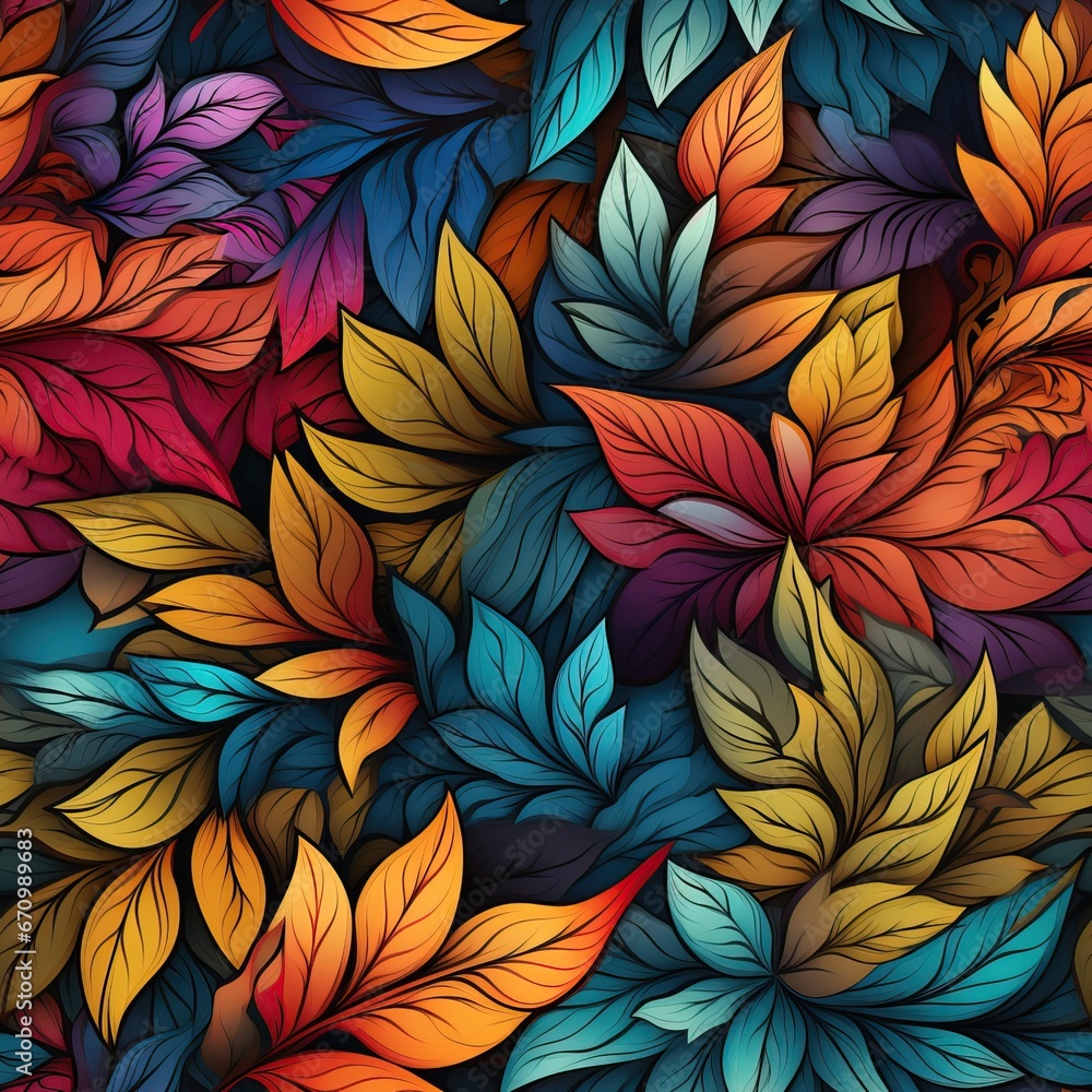 Watercolor style fallen autumn leaves seamless pattern. Fall botanical background in red, yellow, blue, purple and green colors for fabrics and textiles. Generative AI Watercolor style fallen autumn leaves seamless pattern. Fall botanical background in red, yellow, blue, purple and green colors for fabrics and textiles. Generative AI