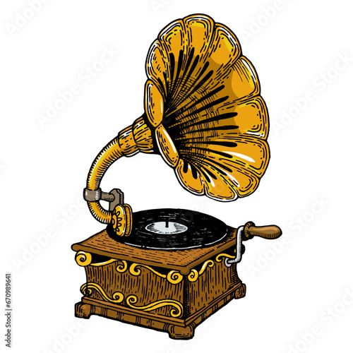 Phonograph engraving sketch style hand drawn color vector illustration. Scratch board style imitation. Hand drawn image.