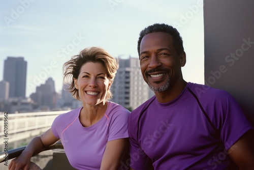 Active international middle aged couple, man and woman in sportswear, looking happy while jogging outdoors and exercising together in an urban environment