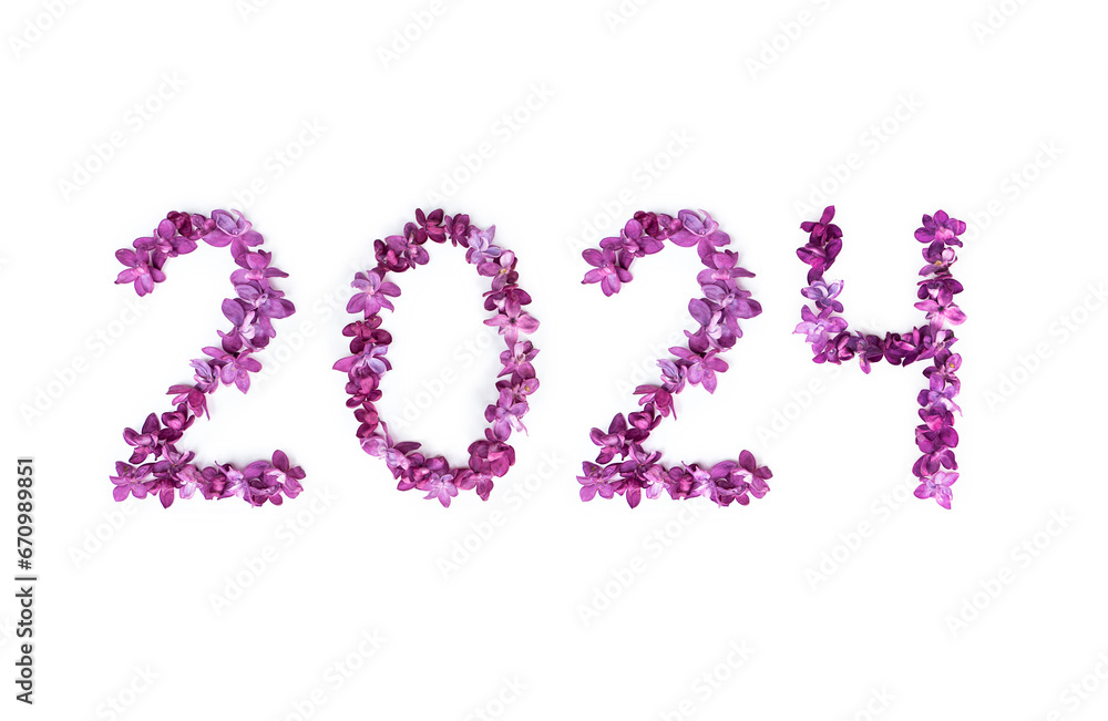 New year 2024 made of lilac flowers on white background