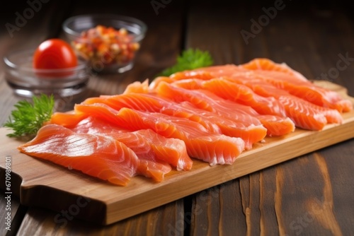 smoked salmon pieces on a wooden plank