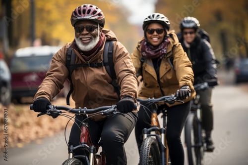 An elderly African American couple rides bicycles, enjoying the mountain landscape, man and woman wearing a helmet, healthy lifestyle concept.