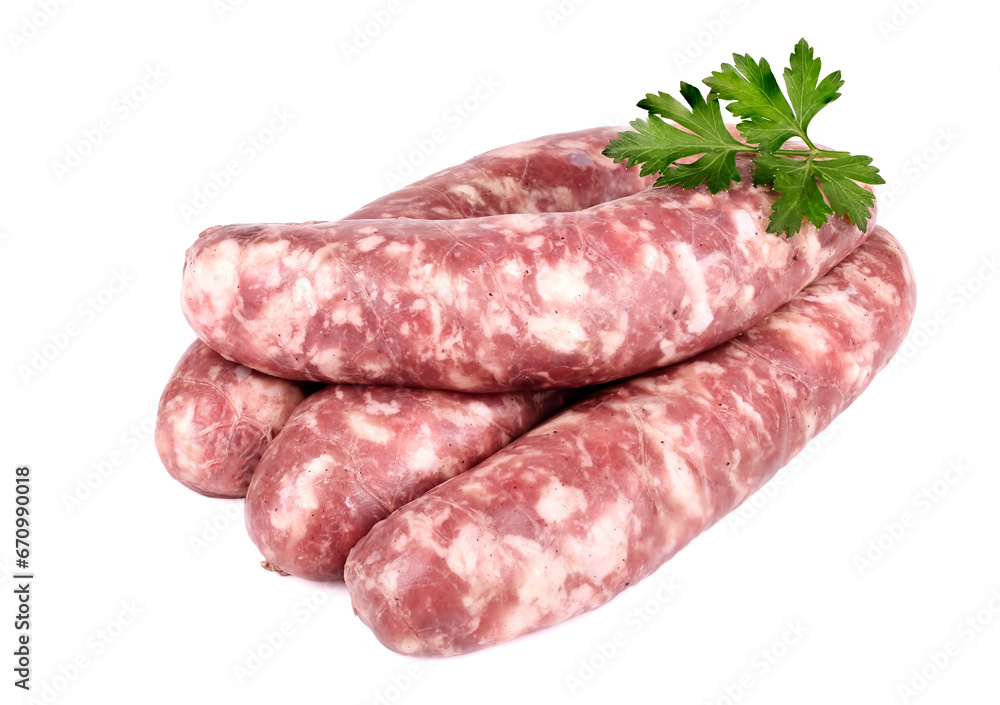 Raw sausage with parsley leaf isolated on white background. Raw sausage with parsley leaf isolated on white background.
