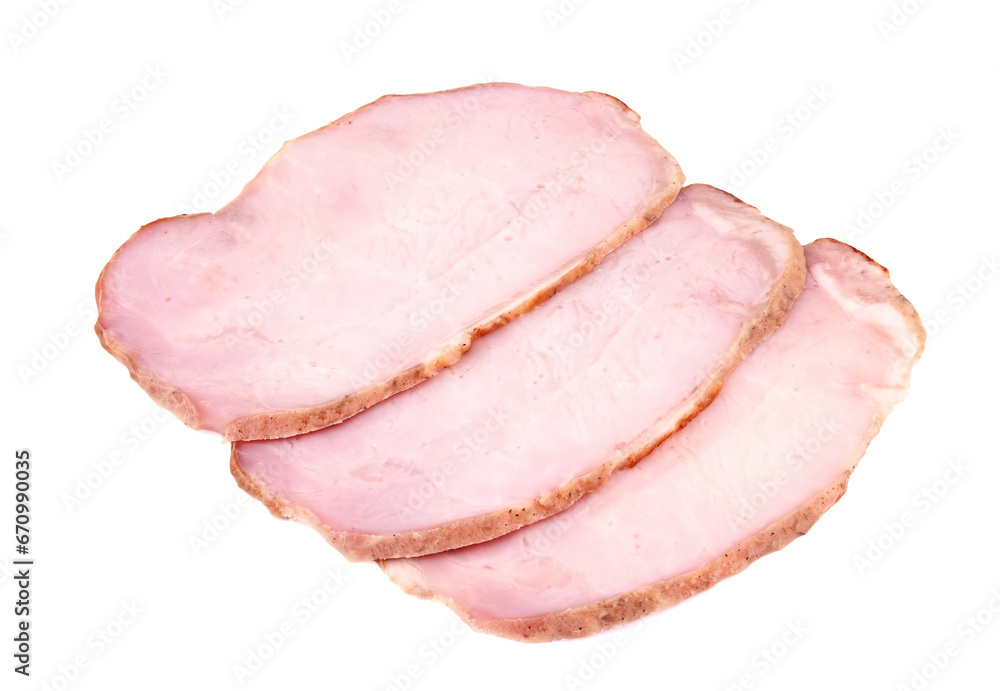 Pork ham sliced on white background.