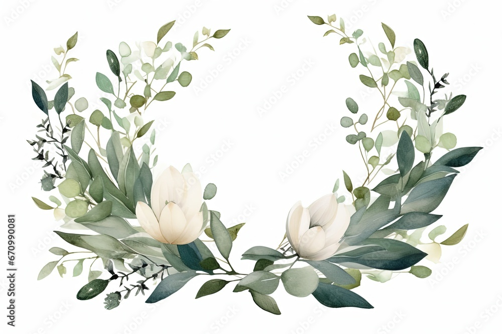 Watercolor Floral Wreath with Green Leaves and White Flowers