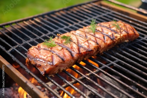 close-up of smoked tuna steak on grill grate
