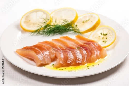 smoked eel with lemon slices on white dish