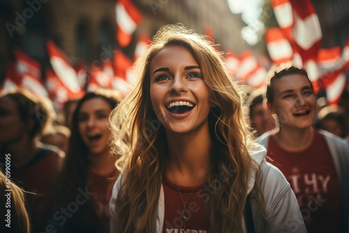 Young cheerful girl against the backdrop of crowd of young people wearing white and red clothes marching along city street. Poland Independence Day. Patriotic concept with national state symbol. © Georgii