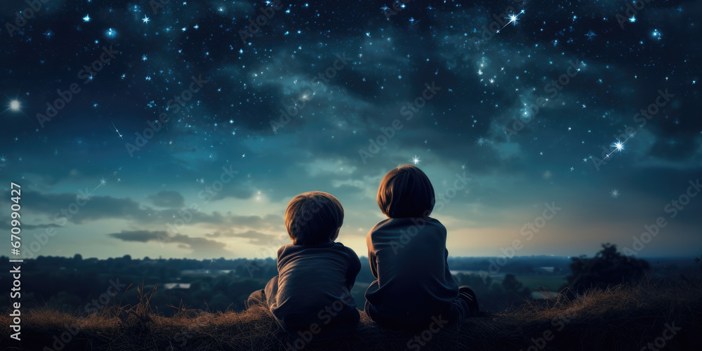 Young children, looking up at the milky Way in the night sky Stock ...