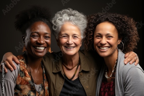 cheerful elderly multiethnic women with beautiful faces in beautiful clothes. Girlfriends smiling at the camera, posing together. Diversity, beauty, friendship concept. Isolated on gray background photo