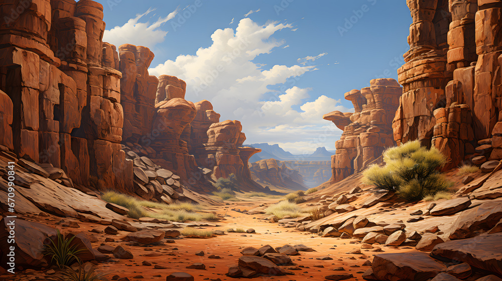 An arid canyon landscape, carved by time and elements, stands as a testament to the enduring forces of nature. This highly detailed image evokes a sense of timelessness. - obrazy, fototapety, plakaty 