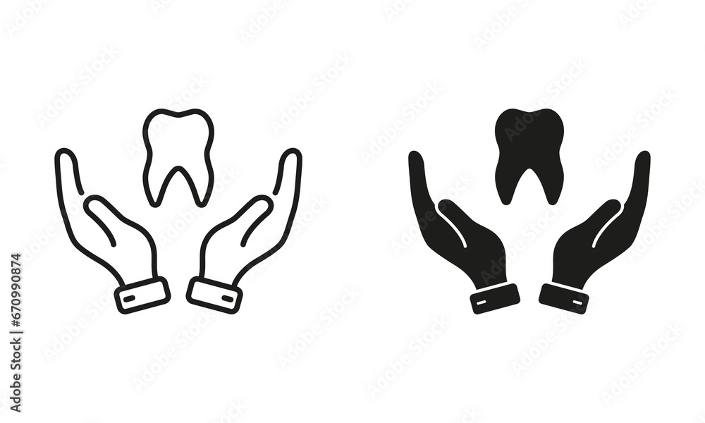 Dental Treatment Silhouette and Line Icons Set. Dentistry Black Symbol Collection. Dental Care, Stomatology Protection Sign. Tooth and Human Hand Pictogram. Isolated Vector Illustration Dental Treatment Silhouette and Line Icons Set. Dentistry Black Symbol Collection. Dental Care, Stomatology Protection Sign. Tooth and Human Hand Pictogram. Isolated Vector Illustration
