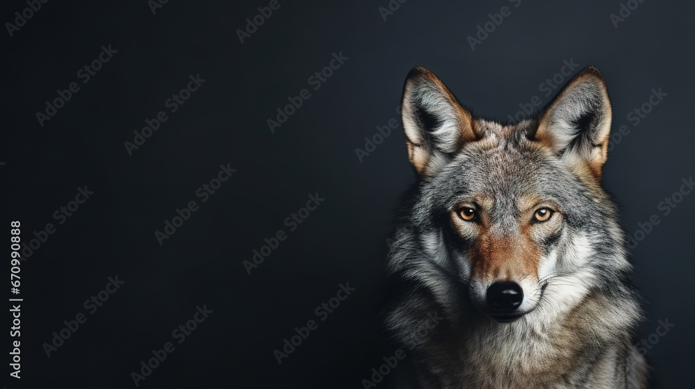 Fototapeta premium Front view of a jackal on black background. Wild animals banner with empty copy space