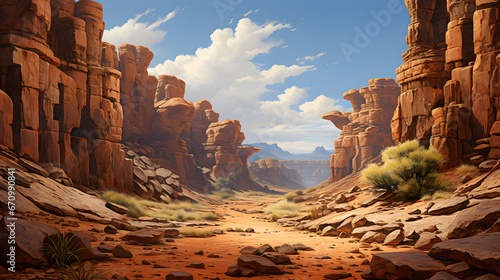 An arid canyon landscape, carved by time and elements, stands as a testament to the enduring forces of nature. This highly detailed image evokes a sense of timelessness.
