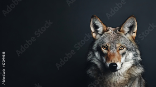 Front view of a jackal on black background. Wild animals banner with empty copy space