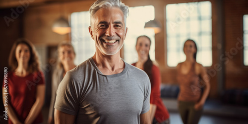 Grey haired man smiling  enjoying yoga class  blurred classroom in the background