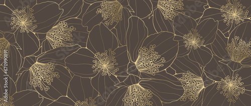Brown floral background with golden flower outlines. Vector background for decor, wallpaper, covers, cards.